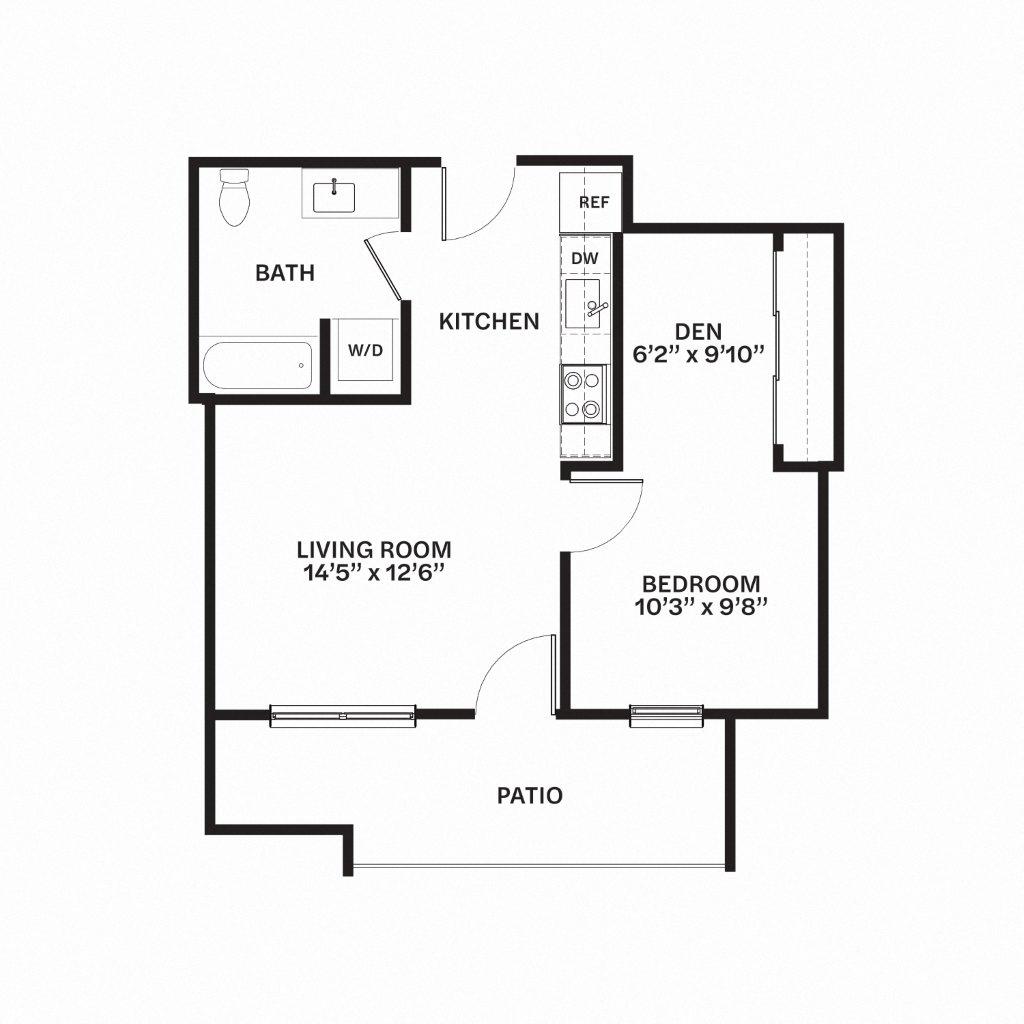 Floor plan for 1 bed, 1 bath, 612 sqft